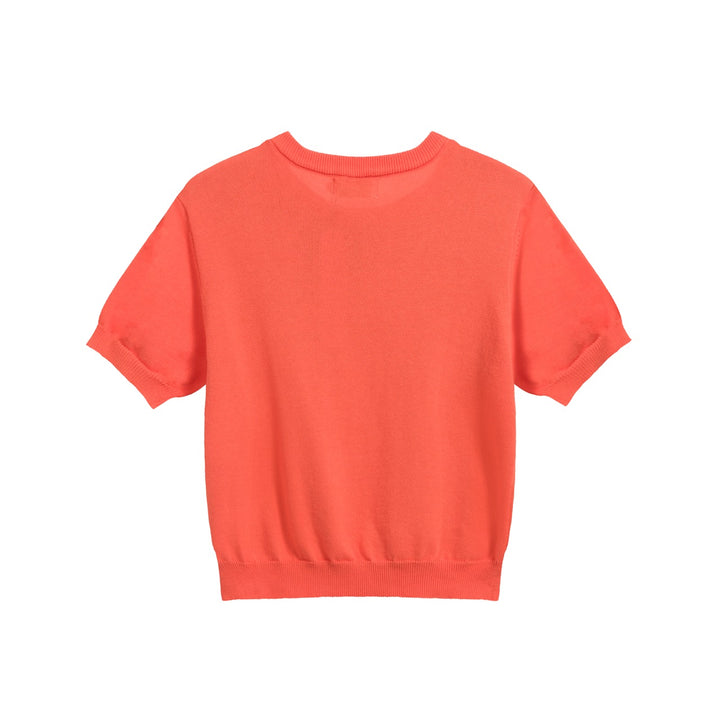 Camiseta feminina de malha jacquard gatinho laranja com comprimento cortado desenhado por Agathe Singer