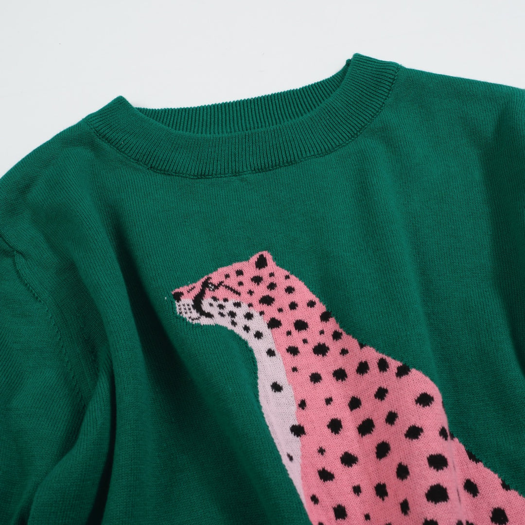Camiseta feminina de malha Cheetah rosa – suéter com estampa animal gráfica e comprimento cortado