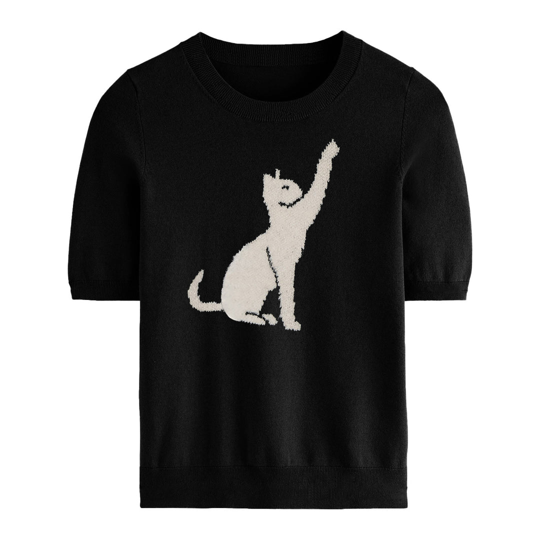 Gebreid T-shirt met zwarte kat voor dames – minimalistische cropped lengte met korte mouwen en trui