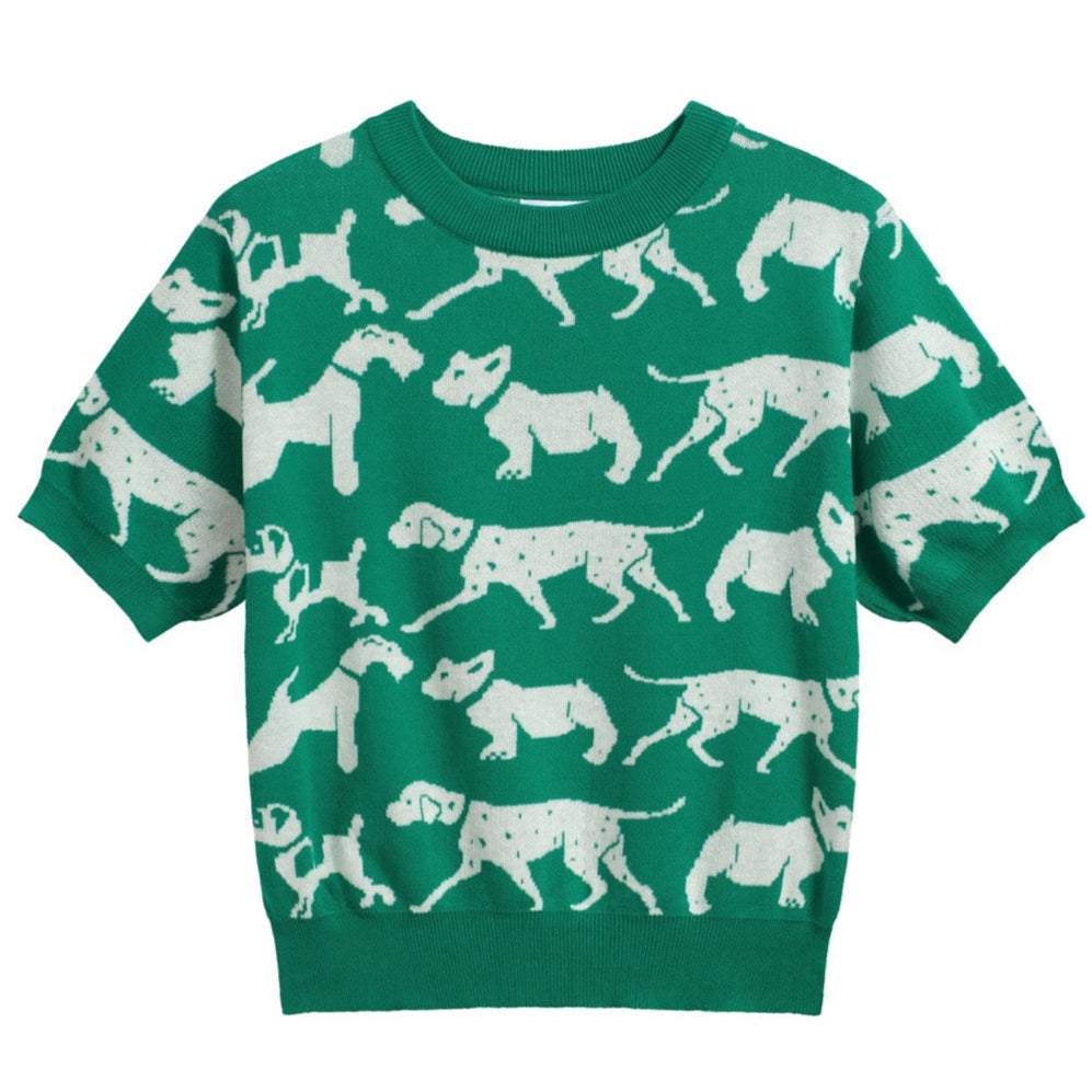 Camiseta feminina retrô de malha com estampa de cachorro – comprimento cortado verde