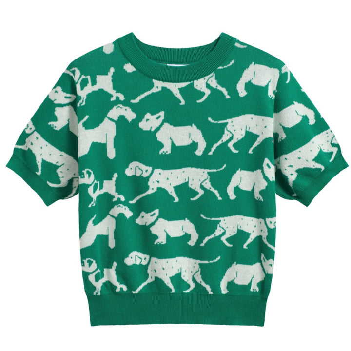 Camiseta feminina retrô de malha com estampa de cachorro – comprimento cortado verde