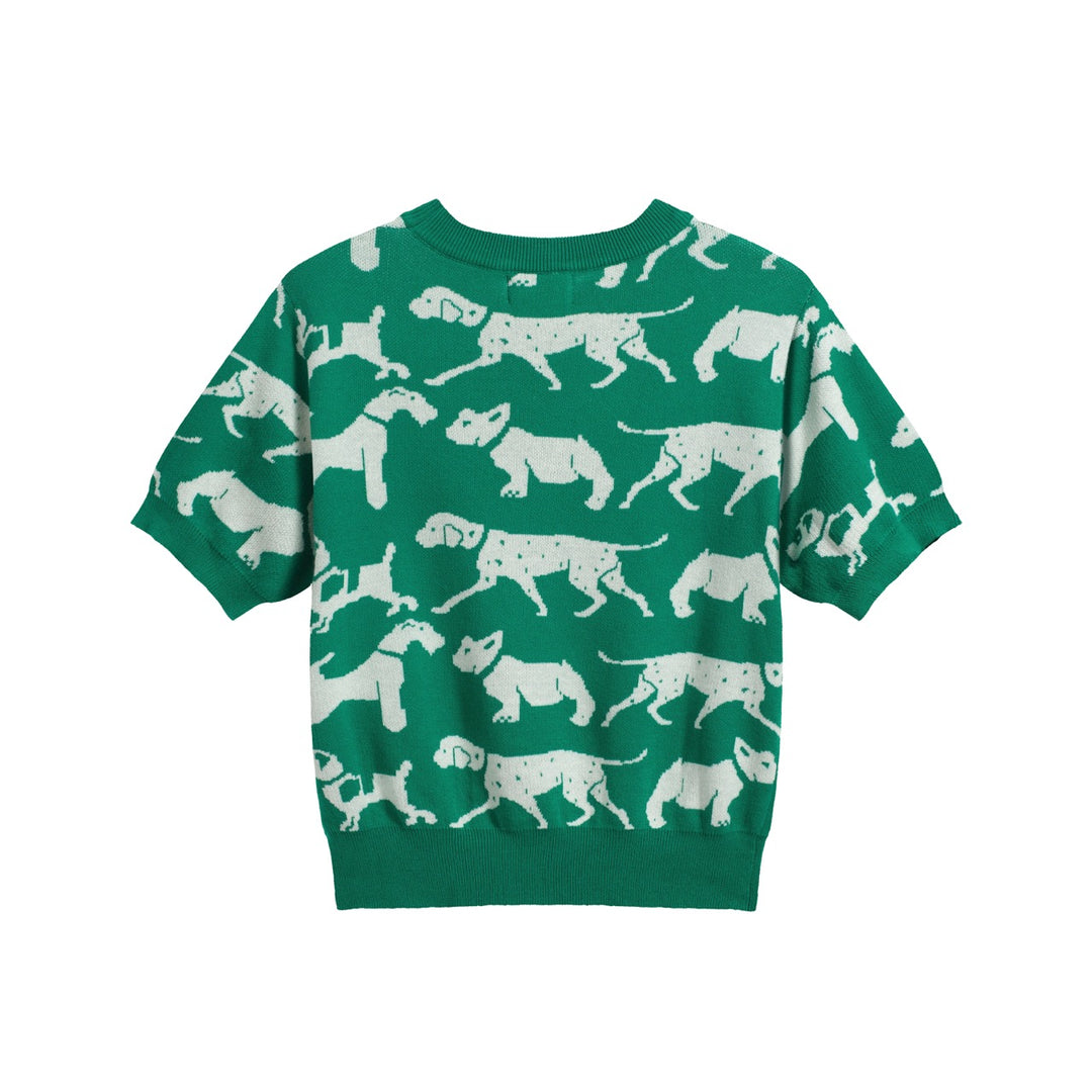 Camiseta feminina retrô de malha com estampa de cachorro – comprimento cortado verde