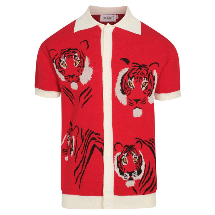 Men's Vintage Red Knit Shirt – Retro Tiger Graphic Button-Up Polo