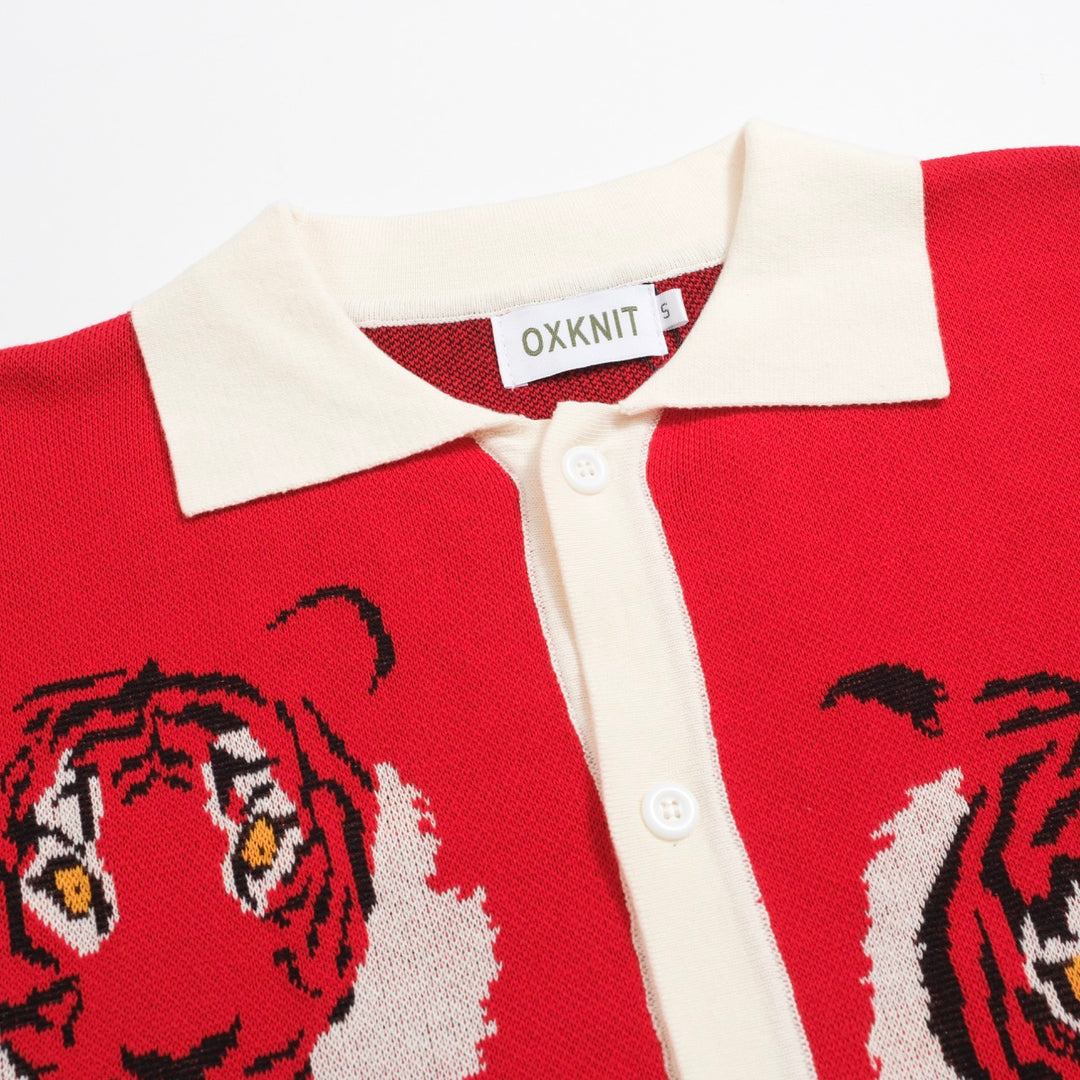 Men's Vintage Red Knit Shirt – Retro Tiger Graphic Button-Up Polo