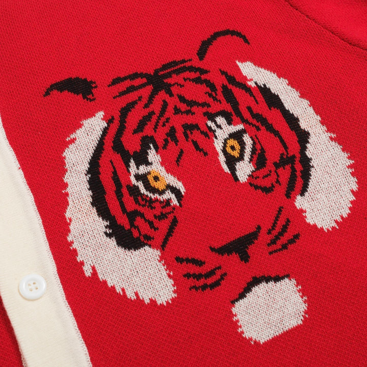 Men's Vintage Red Knit Shirt – Retro Tiger Graphic Button-Up Polo