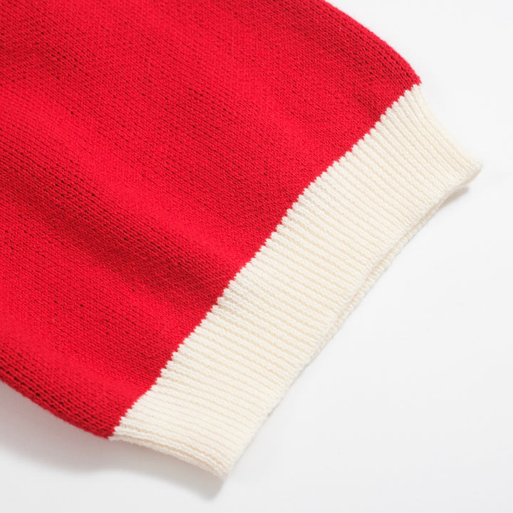 Men's Vintage Red Knit Shirt – Retro Tiger Graphic Button-Up Polo