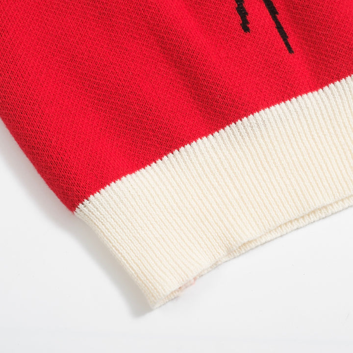 Men's Vintage Red Knit Shirt – Retro Tiger Graphic Button-Up Polo