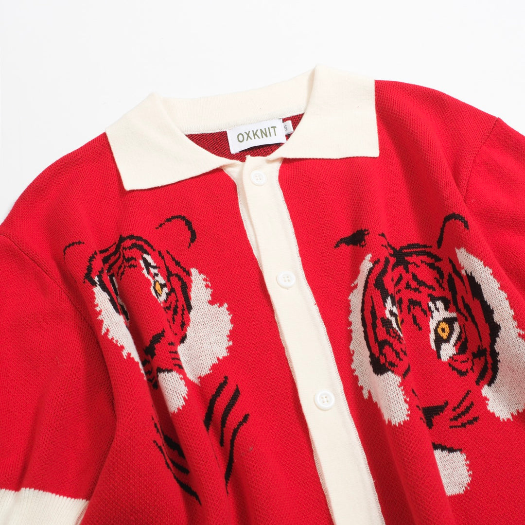Men's Vintage Red Knit Shirt – Retro Tiger Graphic Button-Up Polo