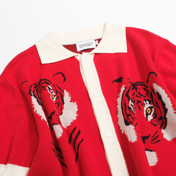 Men's Vintage Red Knit Shirt – Retro Tiger Graphic Button-Up Polo