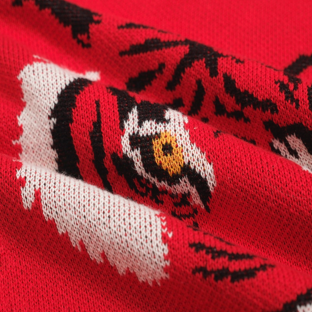 Men's Vintage Red Knit Shirt – Retro Tiger Graphic Button-Up Polo