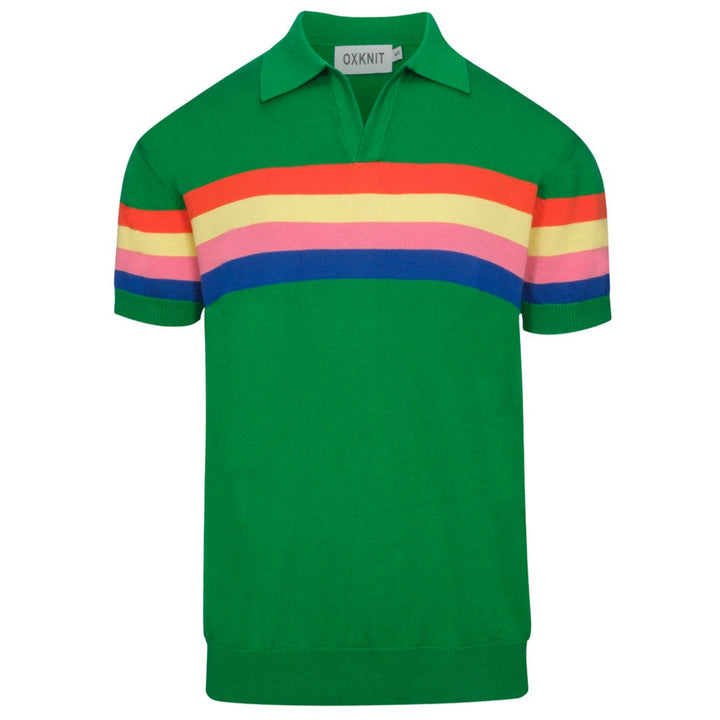 Men's green vintage striped V-neck polo shirt
