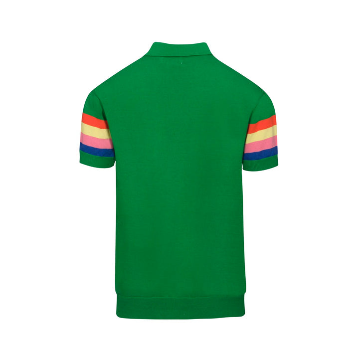 Men's green vintage striped V-neck polo shirt