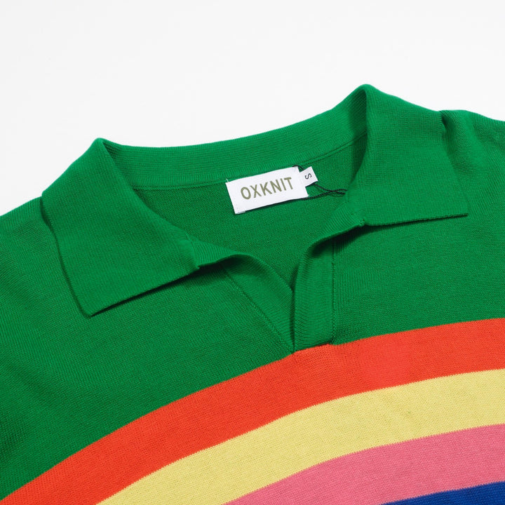 Men's green vintage striped V-neck polo shirt