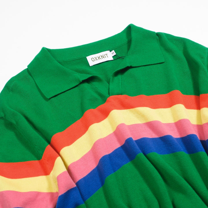 Men's green vintage striped V-neck polo shirt