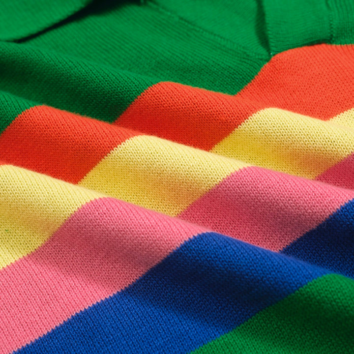 Men's green vintage striped V-neck polo shirt