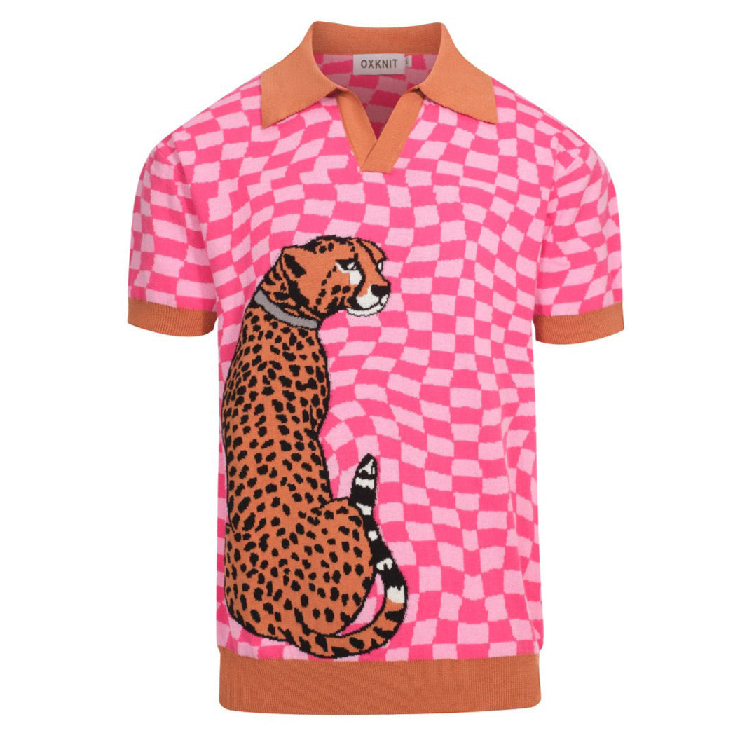 Men's Retro Knit Polo – Vintage Pink Checkerboard with Leopard Graphic