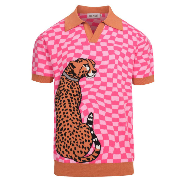 Retro-Strickpolo für Herren – Vintage-Rosa-Schachbrettmuster mit Leopardengrafik