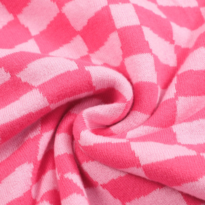 Retro-Strickpolo für Herren – Vintage-Rosa-Schachbrettmuster mit Leopardengrafik