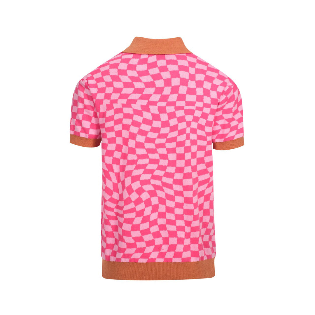 Men's Retro Knit Polo – Vintage Pink Checkerboard with Leopard Graphic