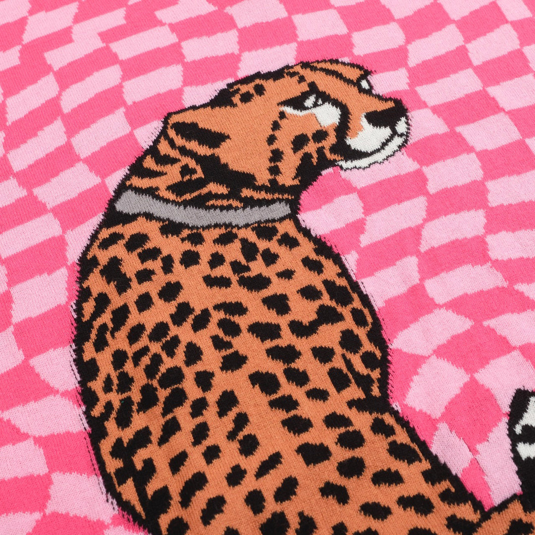 Men's Retro Knit Polo – Vintage Pink Checkerboard with Leopard Graphic