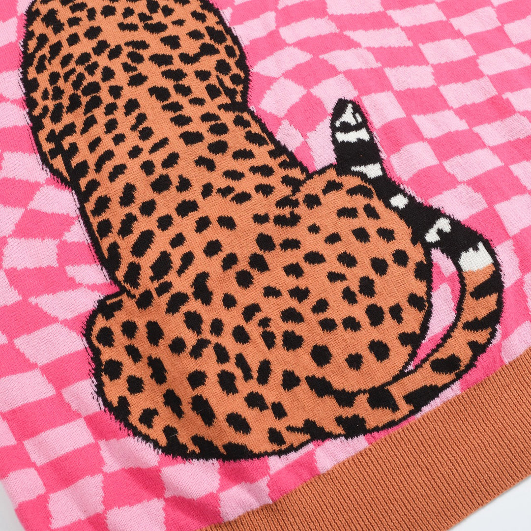 Men's Retro Knit Polo – Vintage Pink Checkerboard with Leopard Graphic