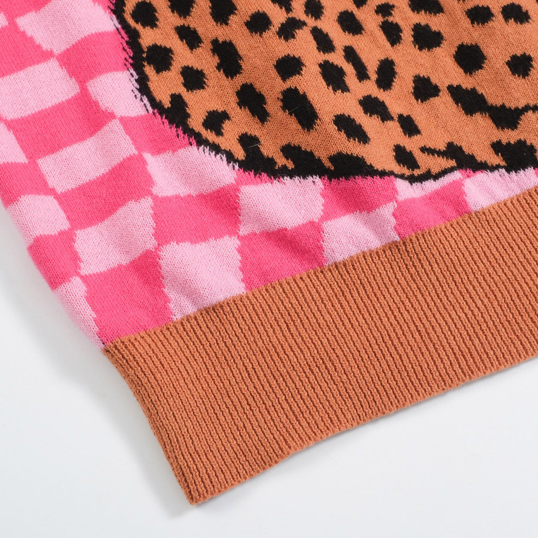 Men's Retro Knit Polo – Vintage Pink Checkerboard with Leopard Graphic