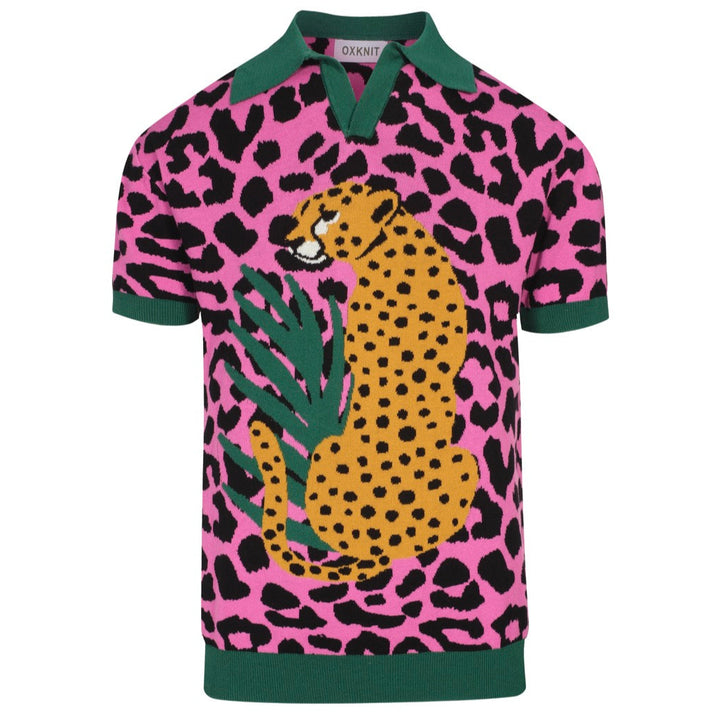 Retro-Strickpolo für Herren – Vintage-Rosa-Leopardenmuster mit Gepardengrafik