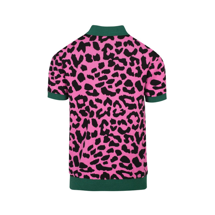 Retro-Strickpolo für Herren – Vintage-Rosa-Leopardenmuster mit Gepardengrafik