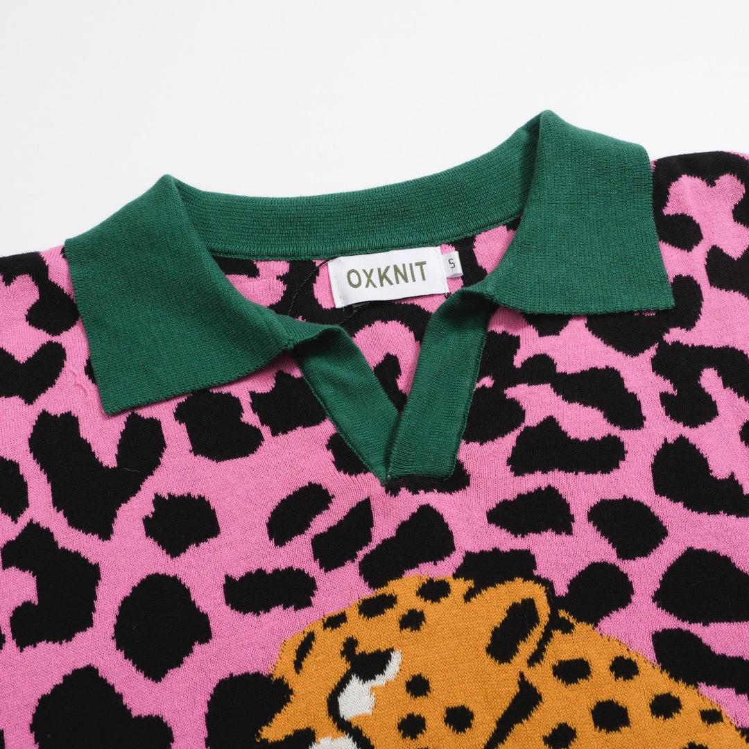 Polo en tricot rétro pour hommes – Imprimé léopard rose vintage avec graphique guépard