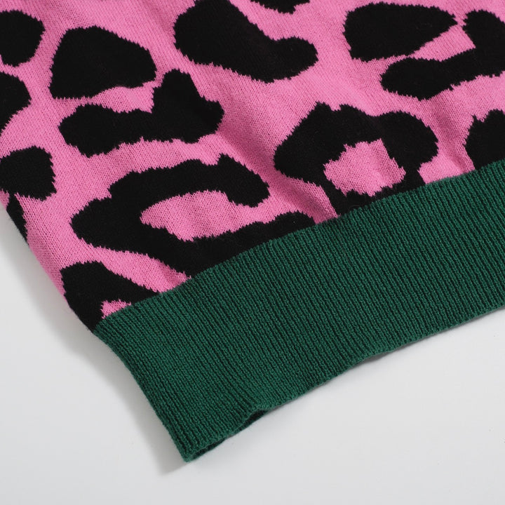 Retro-Strickpolo für Herren – Vintage-Rosa-Leopardenmuster mit Gepardengrafik