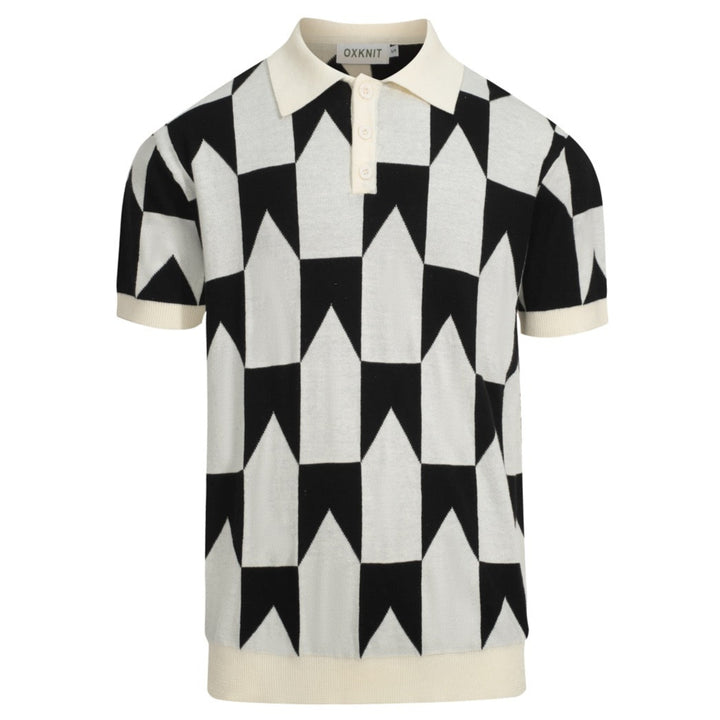 Herren Retro-Strickpolo – Vintage Schwarz & Weißes Hemd mit geometrischem Muster