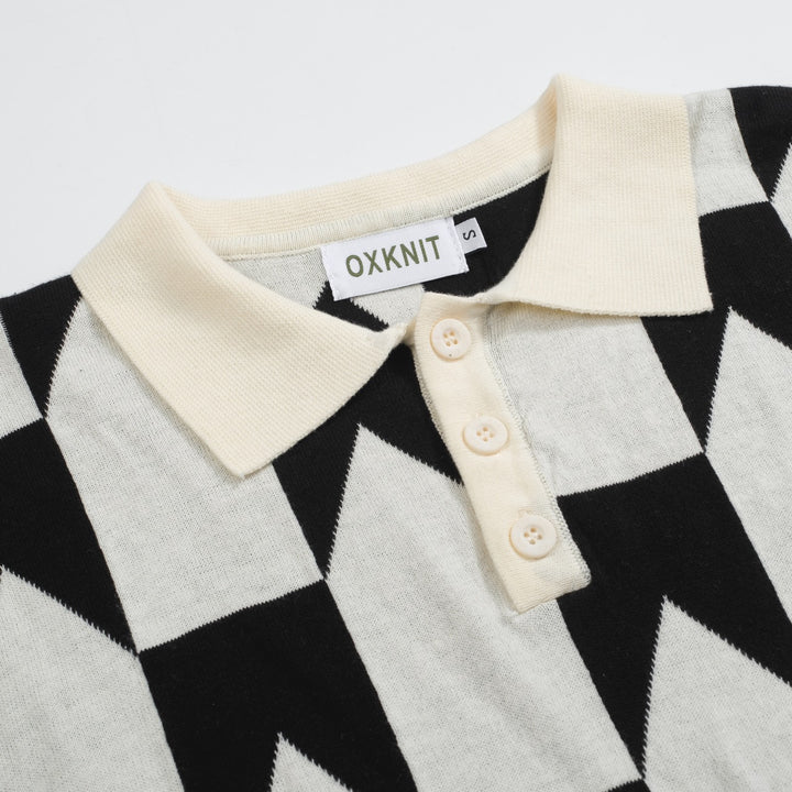 Herren Retro-Strickpolo – Vintage Schwarz & Weißes Hemd mit geometrischem Muster