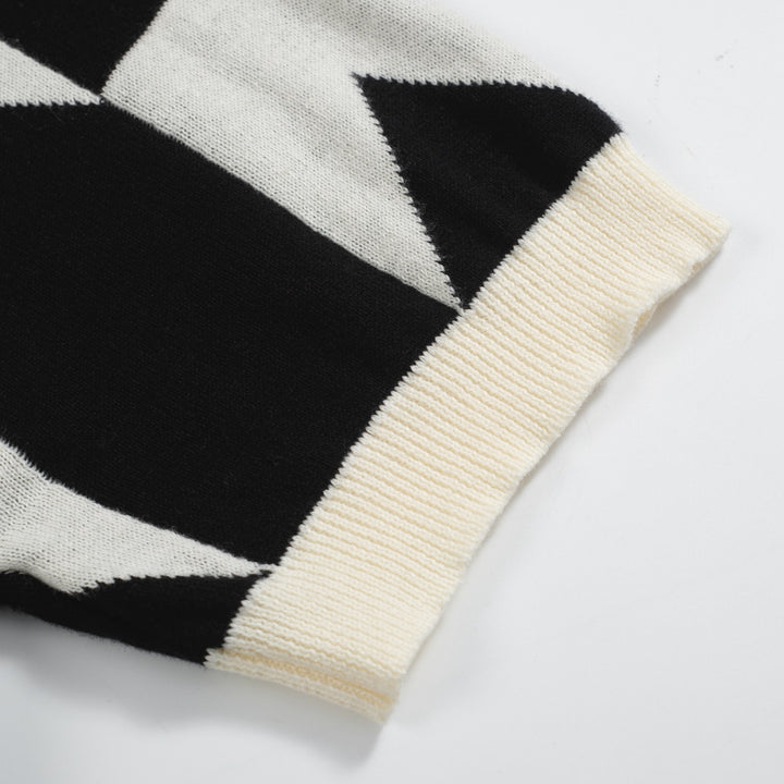 Herren Retro-Strickpolo – Vintage Schwarz & Weißes Hemd mit geometrischem Muster