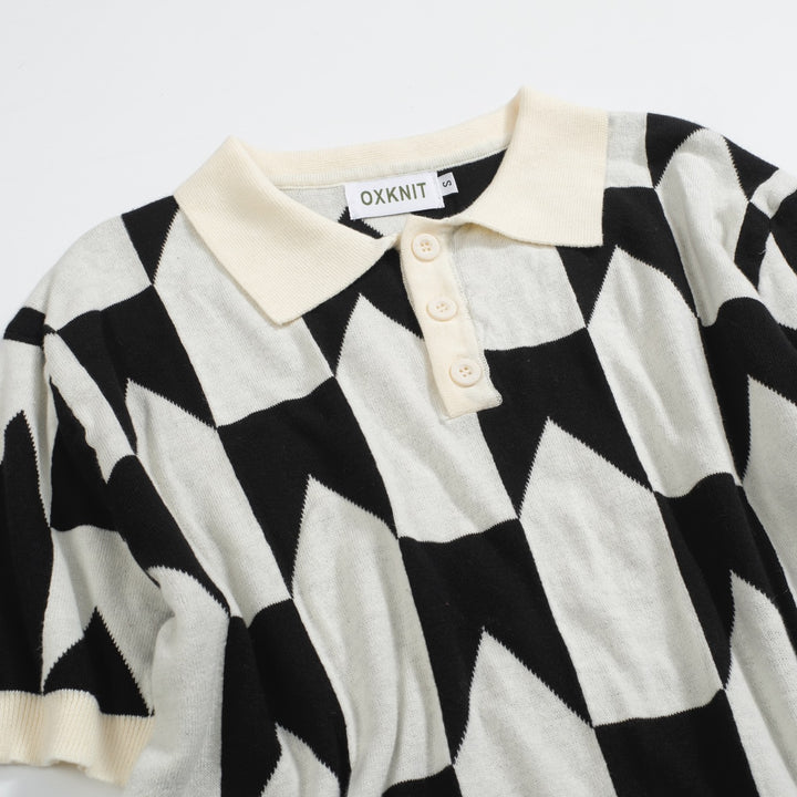 Herren Retro-Strickpolo – Vintage Schwarz & Weißes Hemd mit geometrischem Muster