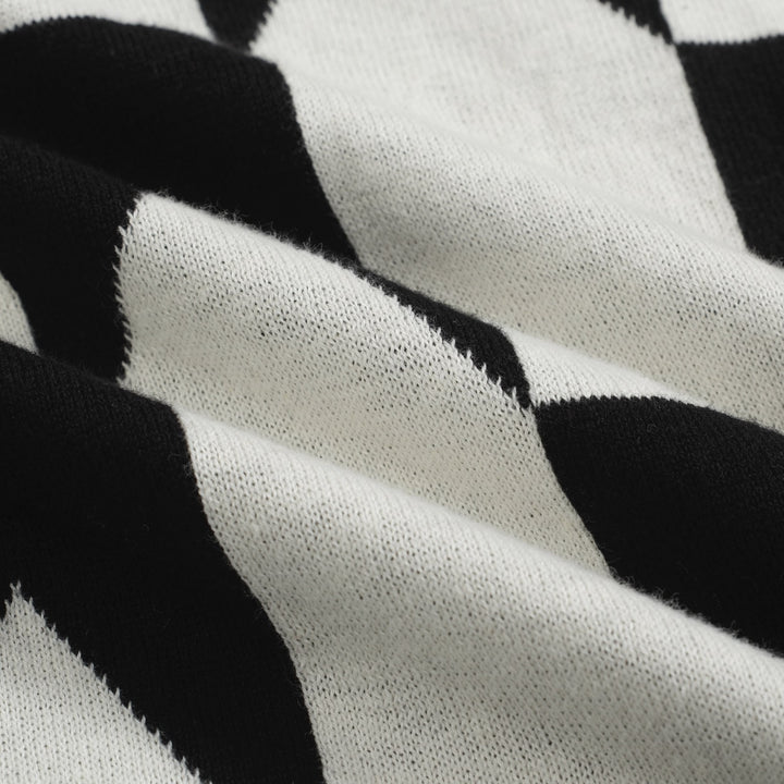 Herren Retro-Strickpolo – Vintage Schwarz & Weißes Hemd mit geometrischem Muster
