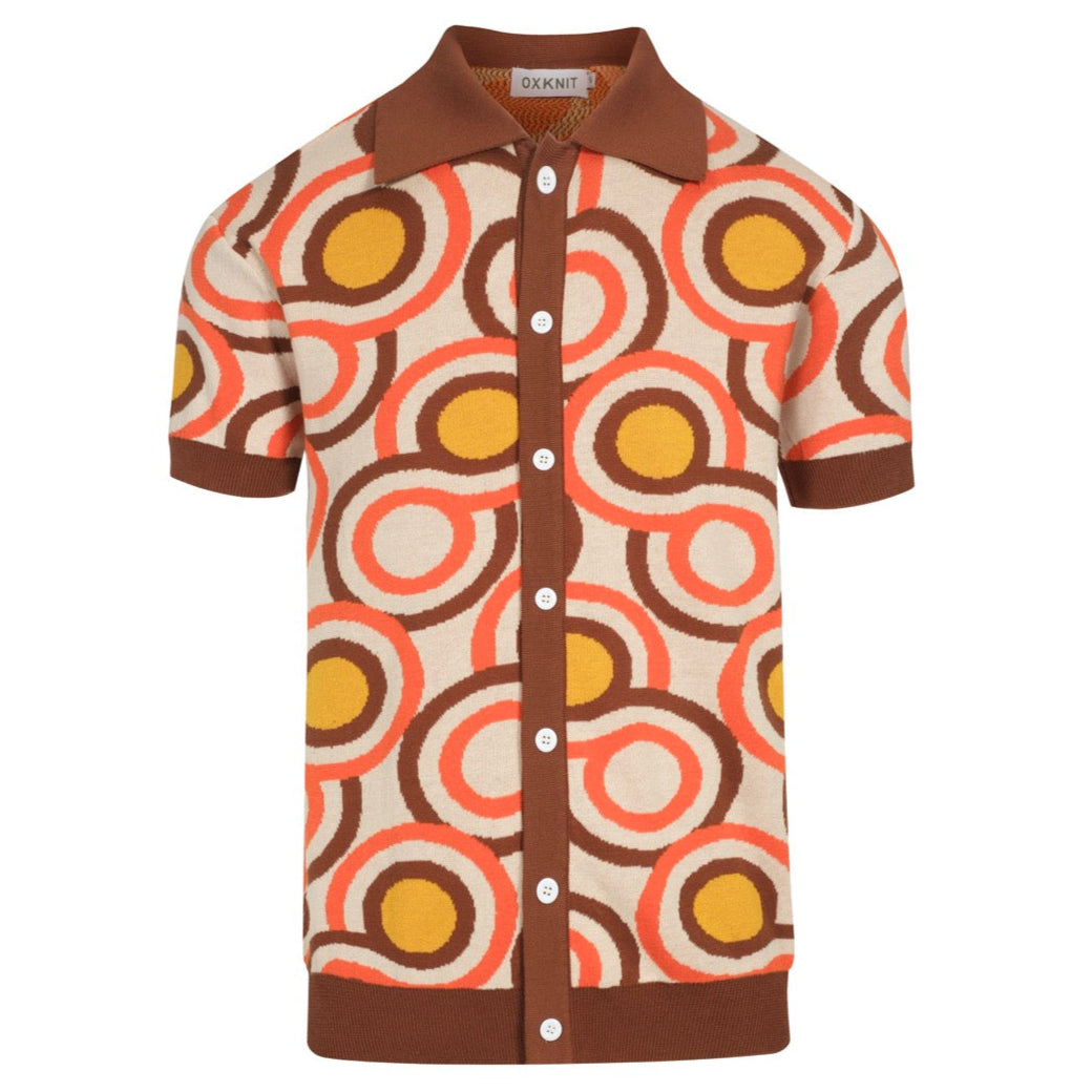 Men's Retro Knit Shirt – Vintage Orange Geometric Button-Up Polo