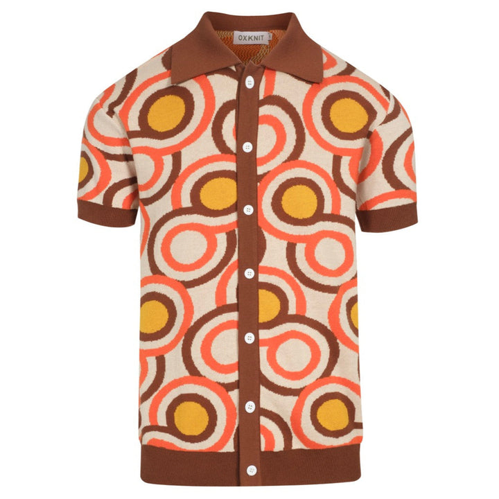 Herren-Retro-Strickhemd – geometrisches Button-up-Poloshirt in Vintage-Orange