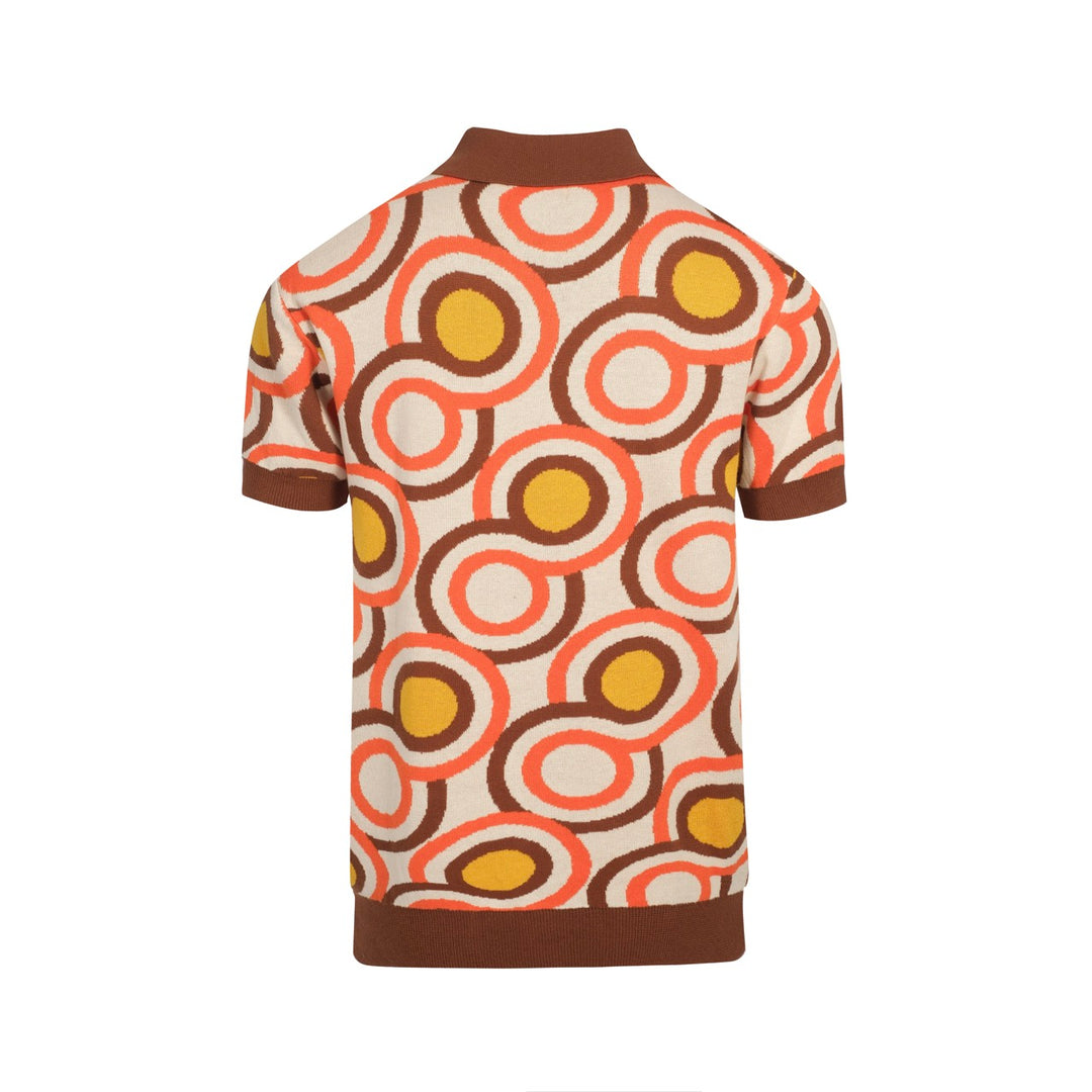 Men's Retro Knit Shirt – Vintage Orange Geometric Button-Up Polo