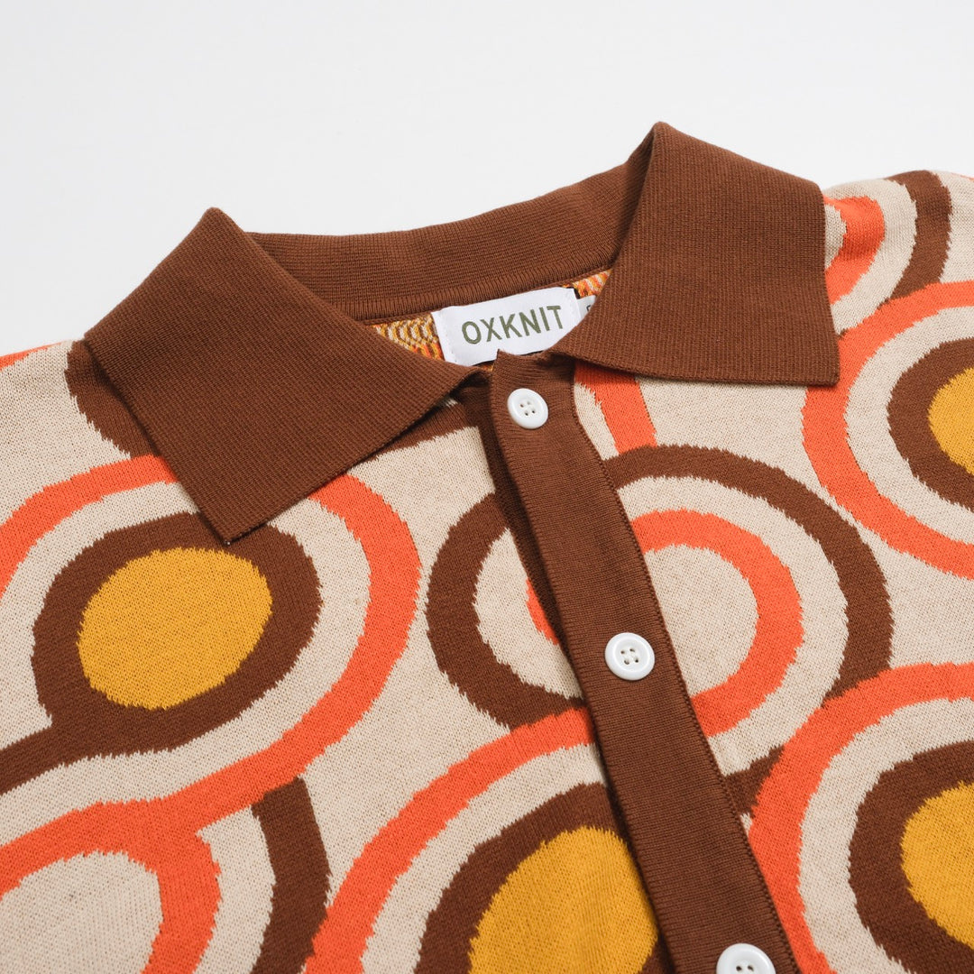 Men's Retro Knit Shirt – Vintage Orange Geometric Button-Up Polo