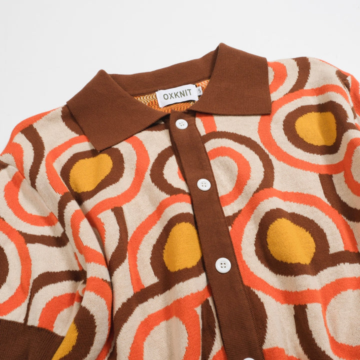 Herren-Retro-Strickhemd – geometrisches Button-up-Poloshirt in Vintage-Orange