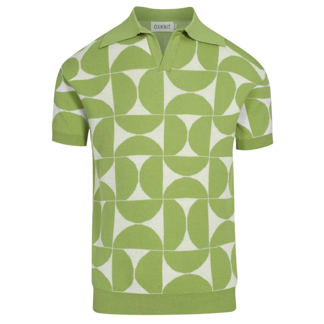 Men's Retro Knit Polo – Vintage Green Geometric Button-Up Shirt