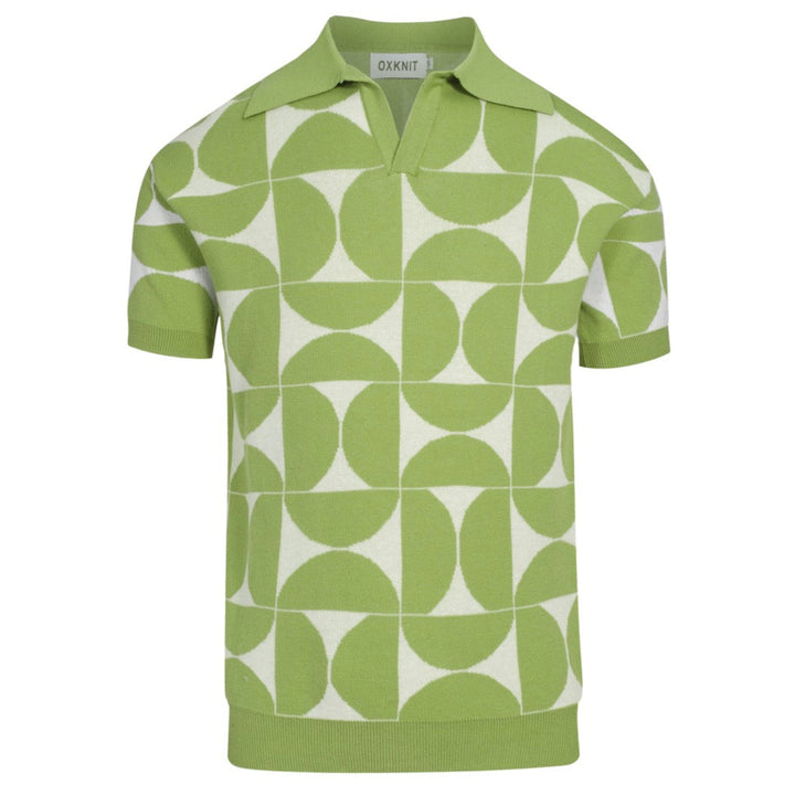 Men's Retro Knit Polo – Vintage Green Geometric Button-Up Shirt