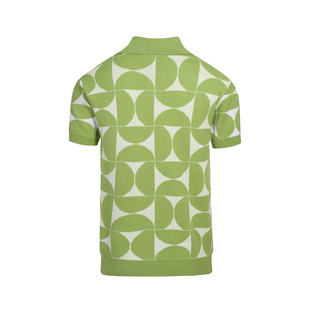 Men's Retro Knit Polo – Vintage Green Geometric Button-Up Shirt