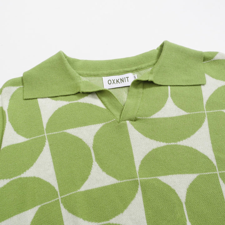 Men's Retro Knit Polo – Vintage Green Geometric Button-Up Shirt