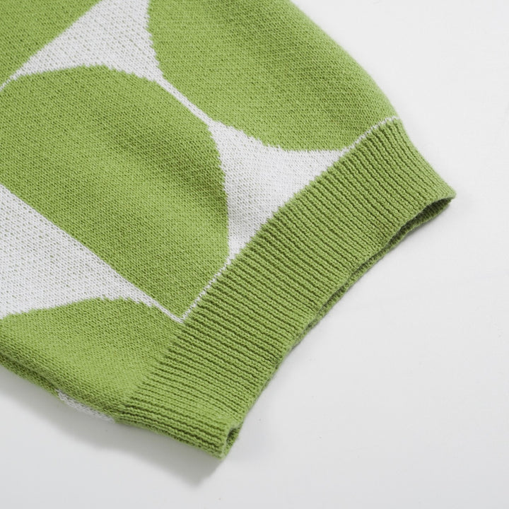 Men's Retro Knit Polo – Vintage Green Geometric Button-Up Shirt