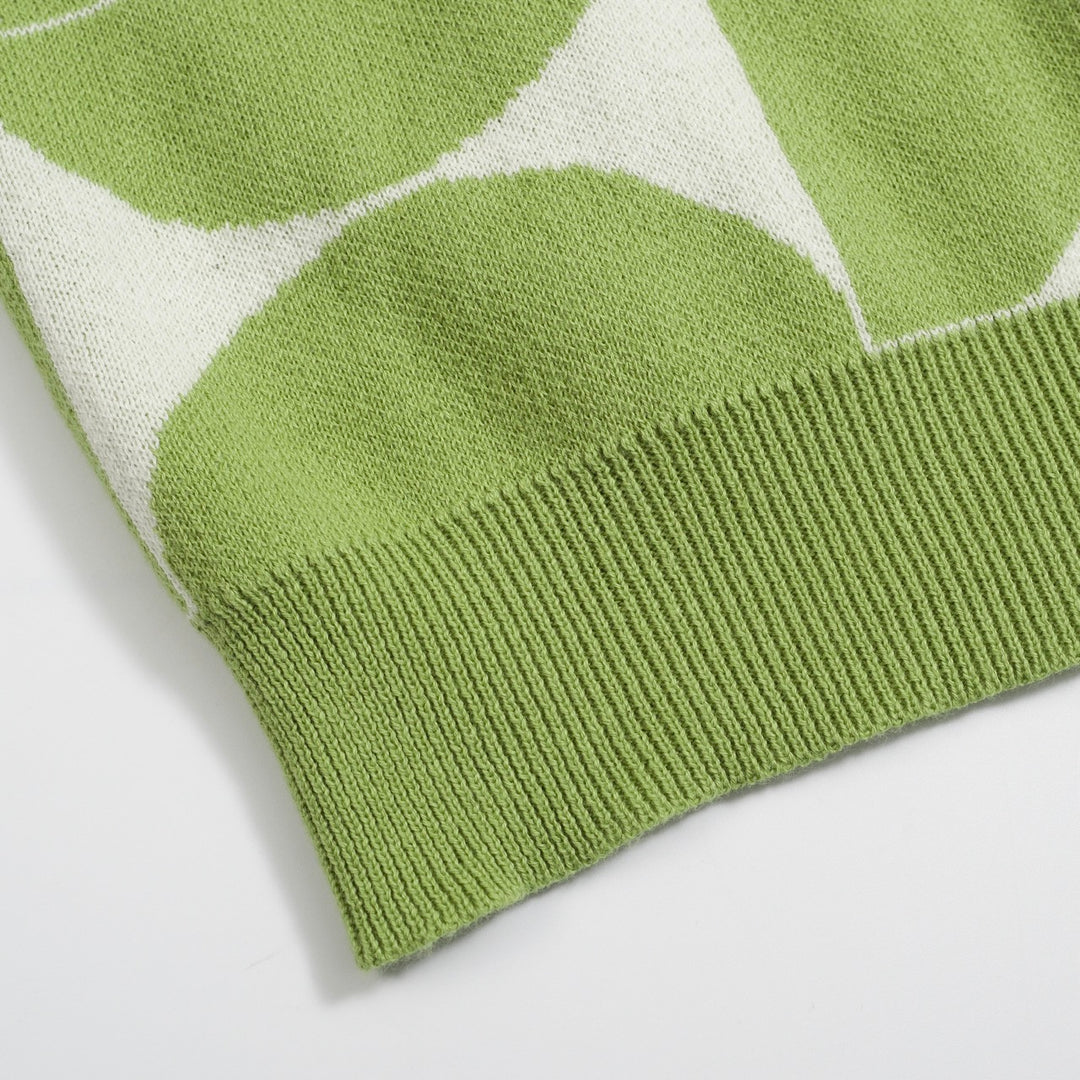 Men's Retro Knit Polo – Vintage Green Geometric Button-Up Shirt