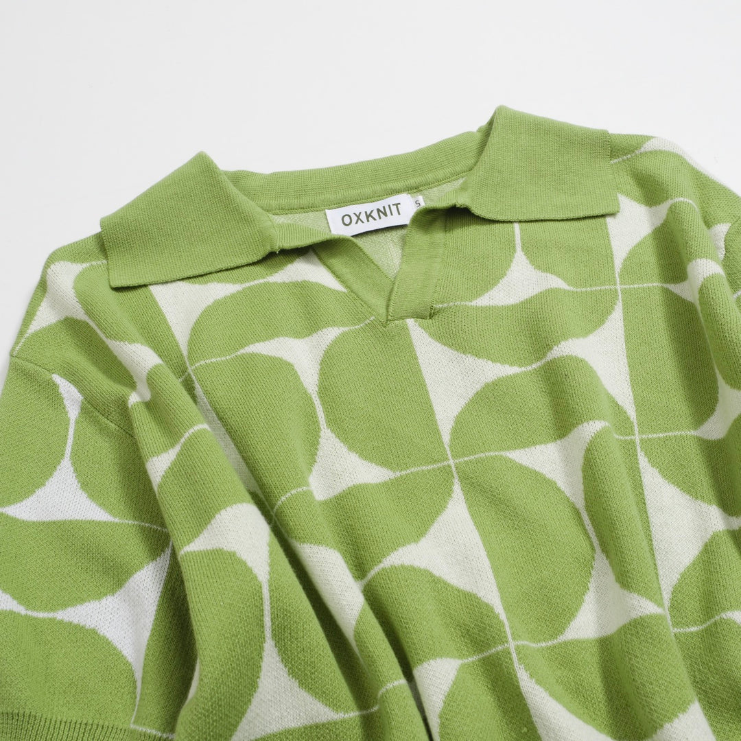 Men's Retro Knit Polo – Vintage Green Geometric Button-Up Shirt