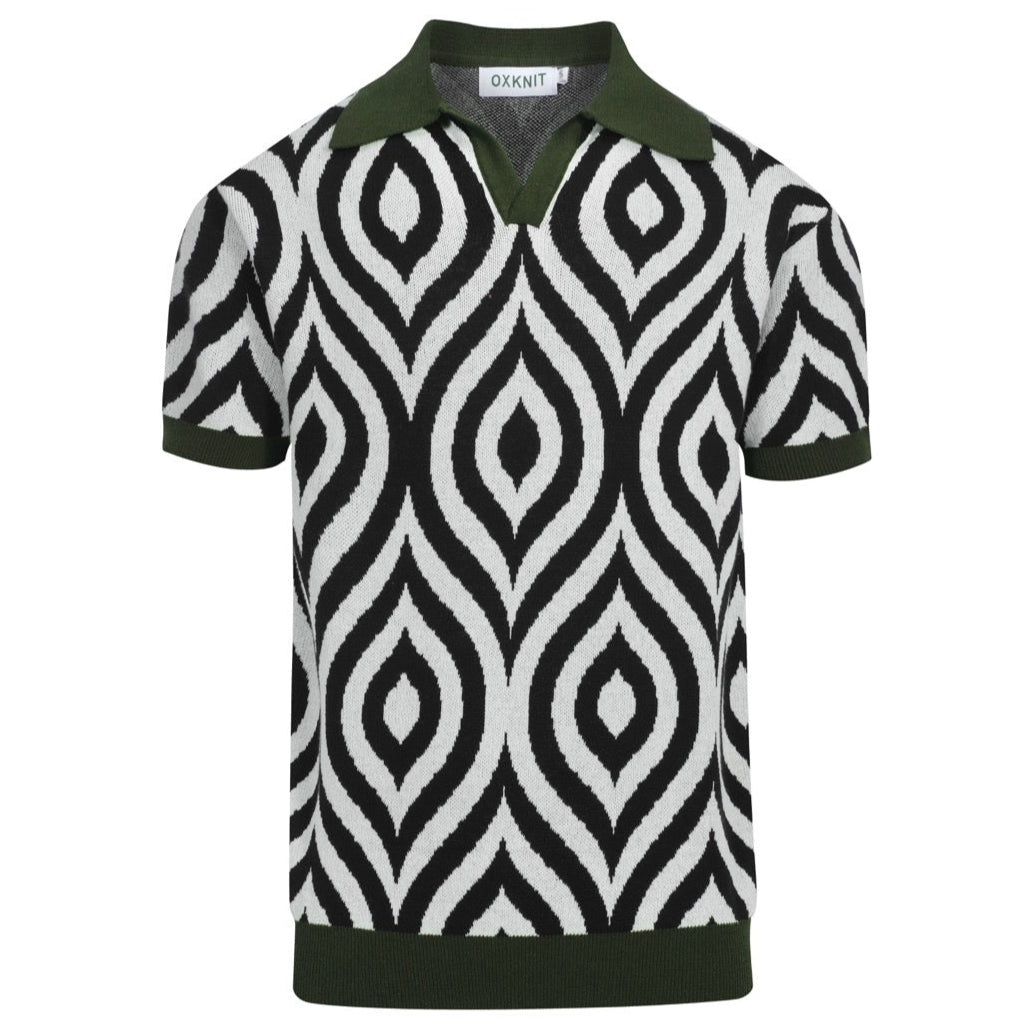 Men's Retro Knit Polo – Vintage Black & White Geometric with Green Trims