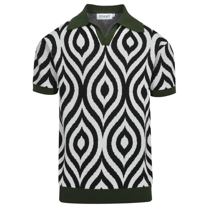 Men's Retro Knit Polo – Vintage Black & White Geometric with Green Trims