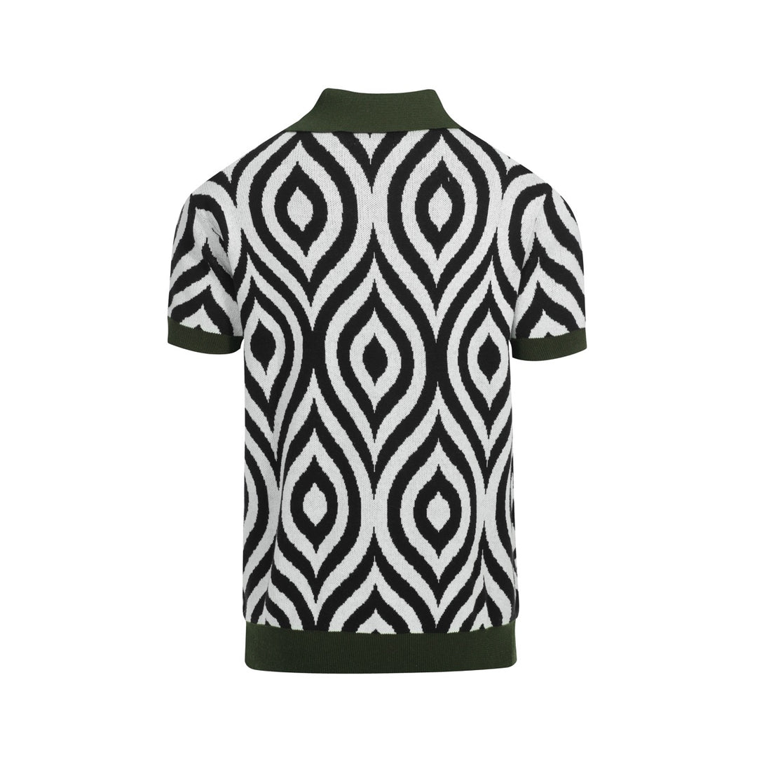 Men's Retro Knit Polo – Vintage Black & White Geometric with Green Trims
